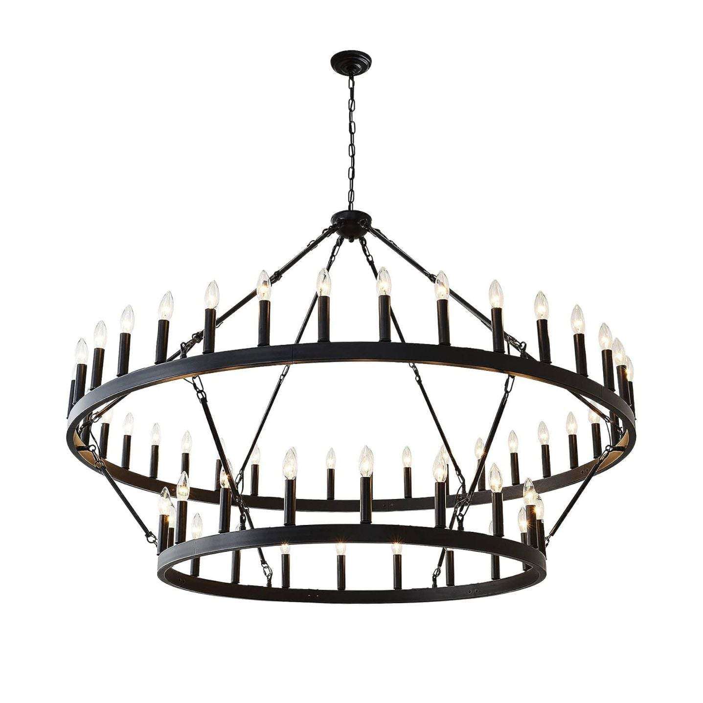 Yikrfiae black wagon wheel chandelier, 2-tier, 54-lights, 60-inch, farmhouse pendant light.
