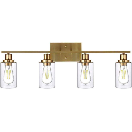 TULUCE Brass Gold 4-Light Vanity Wall Sconce with Clear Glass Shades in elegant bathroom setting.