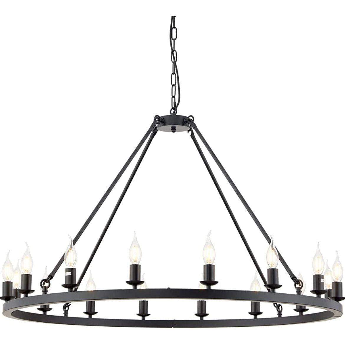 Hubrin Black Wagon Wheel Chandelier, 16-light, rustic farmhouse design, 39.4 inches, suitable for living rooms and kitchen islands.