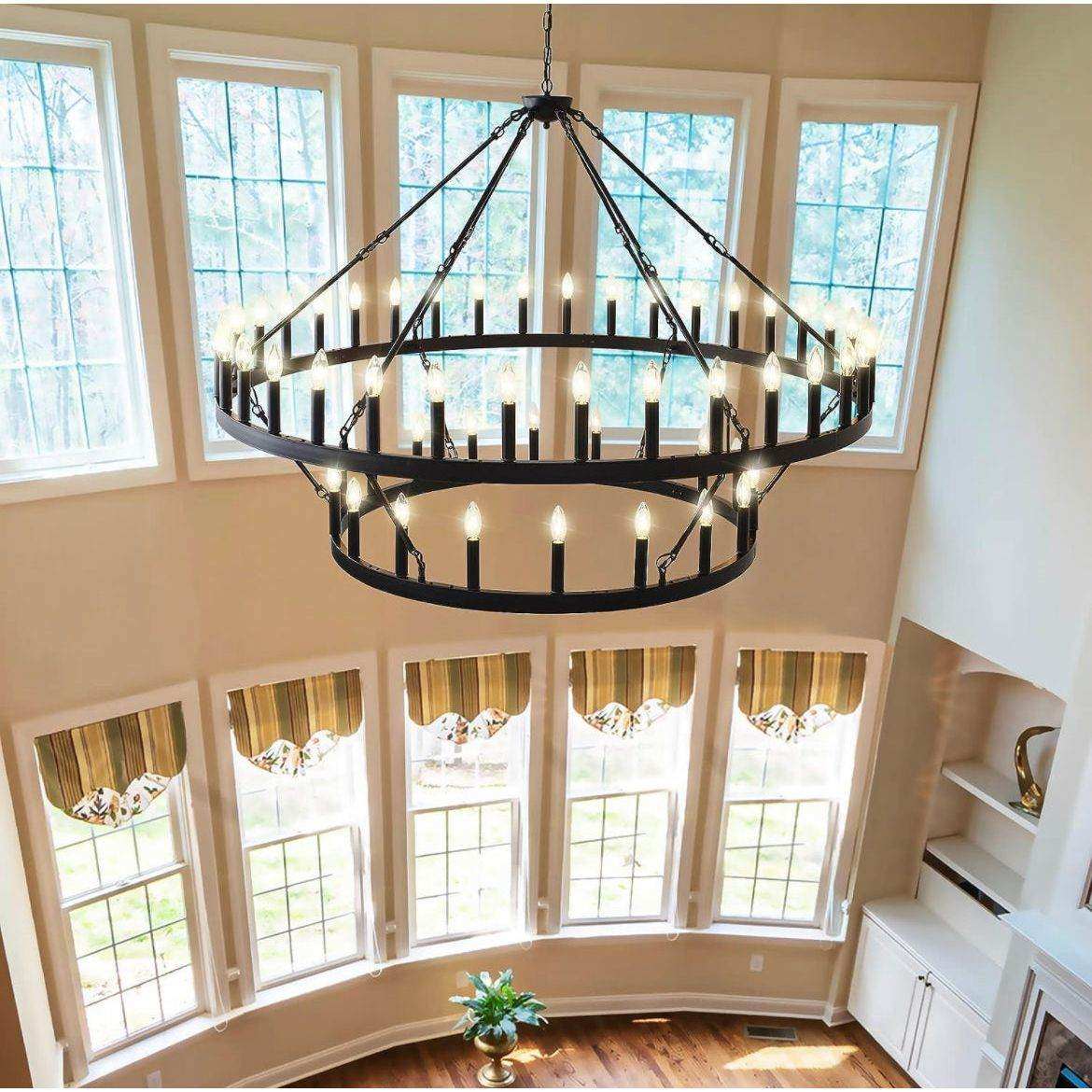 Yikrfiae Black Wagon Wheel Chandelier 2 Tier 54-Lights 60 Inch Extra Large Farmhouse Pendant Light Fixture, Round Rustic Hanging Lighting for Dining Room Kitchen Island Foyer Entryway - Selzalot