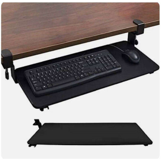 Adjustable ergonomic clamp on keyboard tray with sliding mouse platform under desk, black.