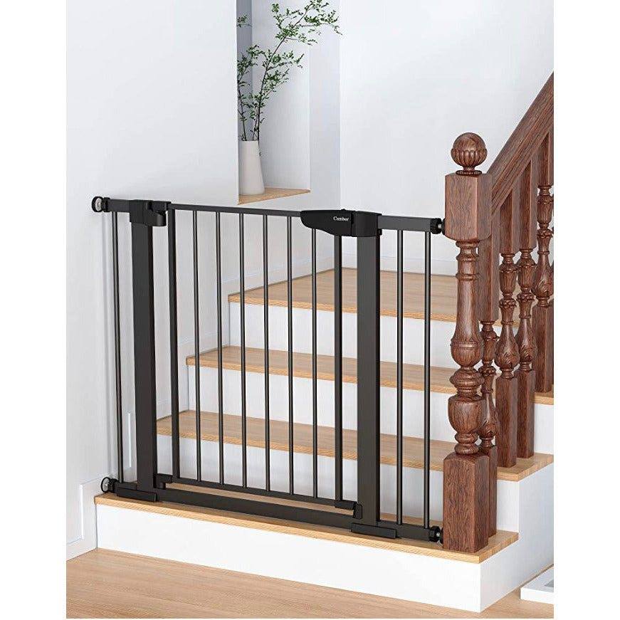 Mom's Choice Awards Winner Cumbor safety baby gate on stairs, extra wide, durable, easy walk-thru design.