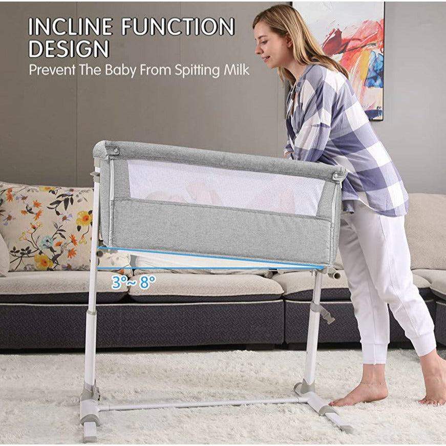 SYCYH Baby Bassinet with adjustable height and breathable mesh, shown in bedside sleeper mode.