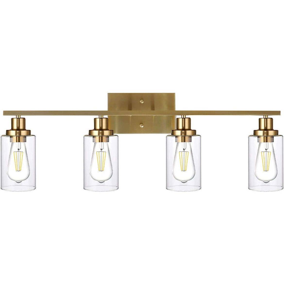 Modern brass 4-light vanity lights fixtures with clear glass shades for bathroom wall mounting