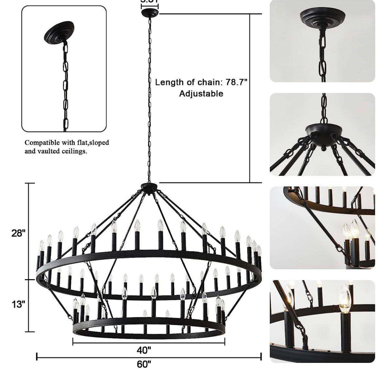 Yikrfiae Black Wagon Wheel Chandelier 2 Tier 54-Lights 60 Inch Extra Large Farmhouse Pendant Light Fixture, Round Rustic Hanging Lighting for Dining Room Kitchen Island Foyer Entryway - Selzalot