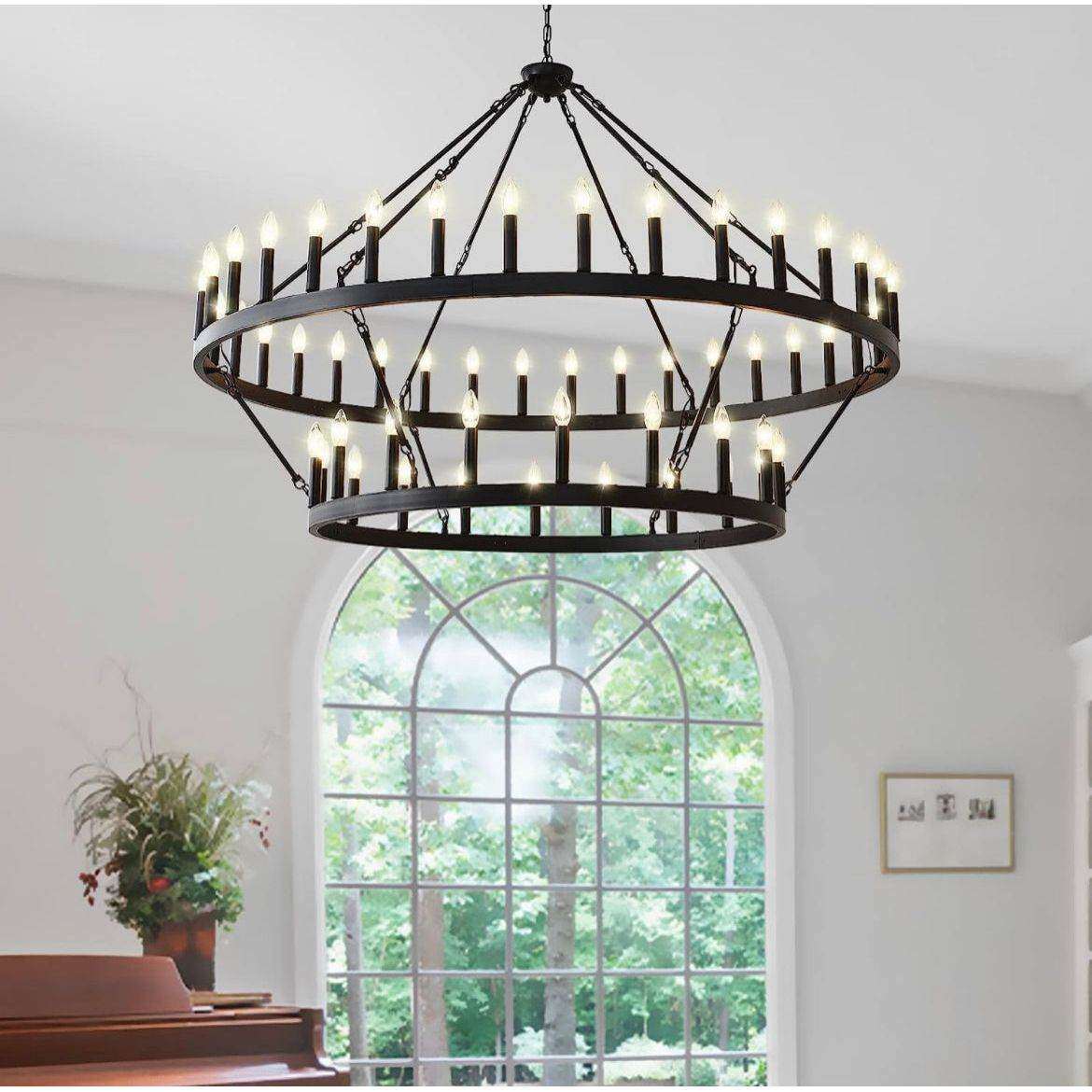 Yikrfiae Black Wagon Wheel Chandelier 2 Tier 54-Lights 60 Inch Extra Large Farmhouse Pendant Light Fixture, Round Rustic Hanging Lighting for Dining Room Kitchen Island Foyer Entryway - Selzalot