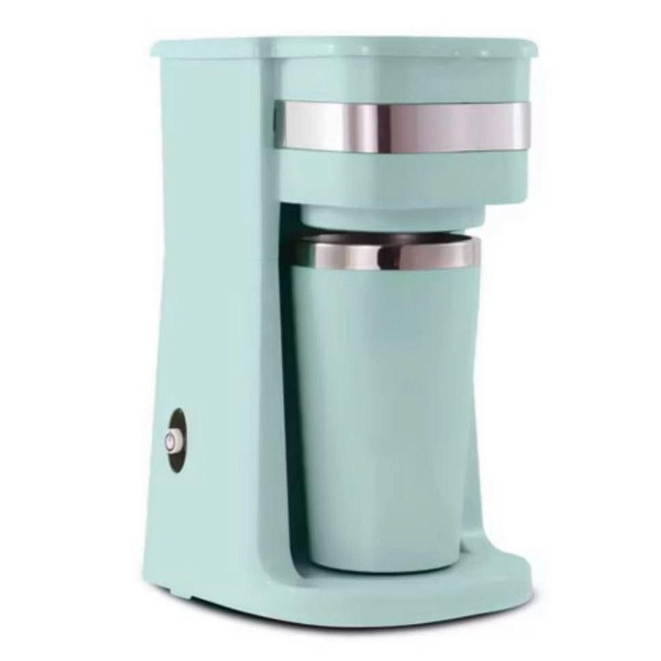Elite Cuisine Personal Coffee Maker with mint thermal travel mug and one-touch operation