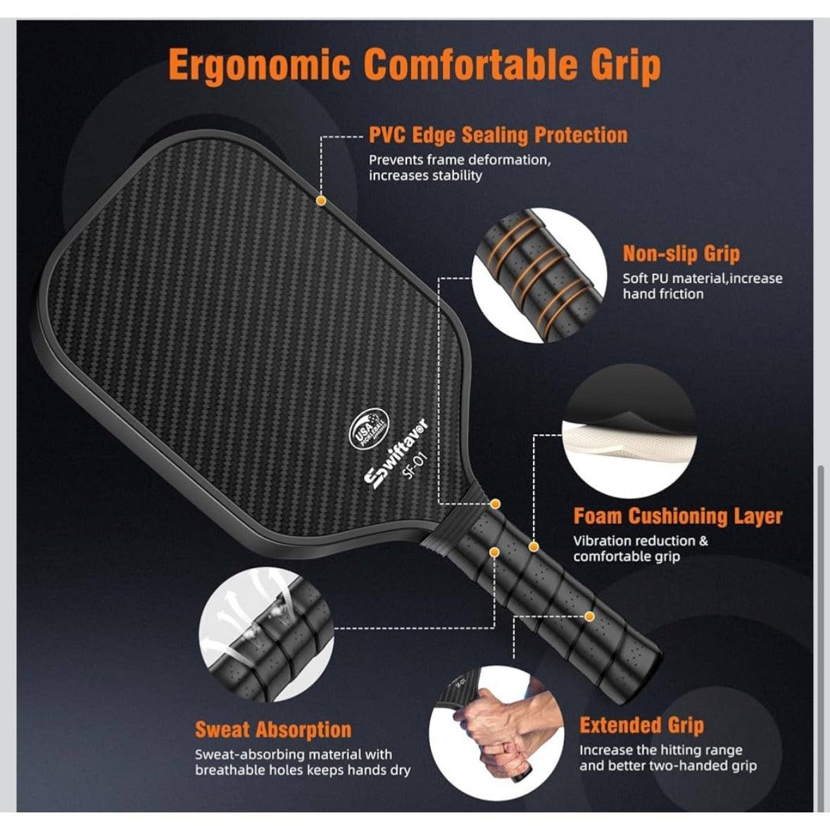 Carbon Fiber Pickleball Paddle, Carbon Fiber Surface (CFS) Pickle Ball Paddles with 16mm Honeycomb Core, Lightweight, Shock-Absorbing Paddle with Anti-Slip Grip, Ideal for Novice & Pro Players