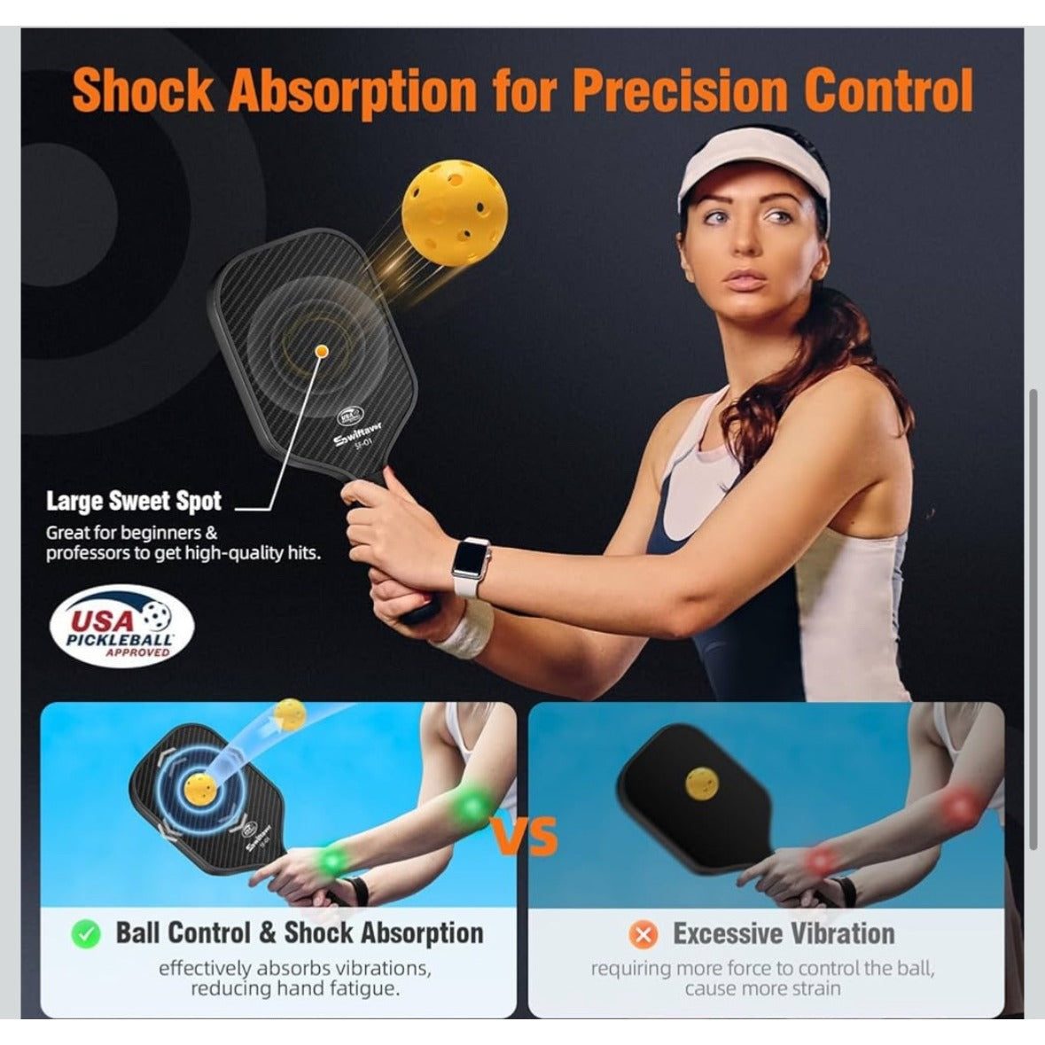 Carbon Fiber Pickleball Paddle, Carbon Fiber Surface (CFS) Pickle Ball Paddles with 16mm Honeycomb Core, Lightweight, Shock-Absorbing Paddle with Anti-Slip Grip, Ideal for Novice & Pro Players
