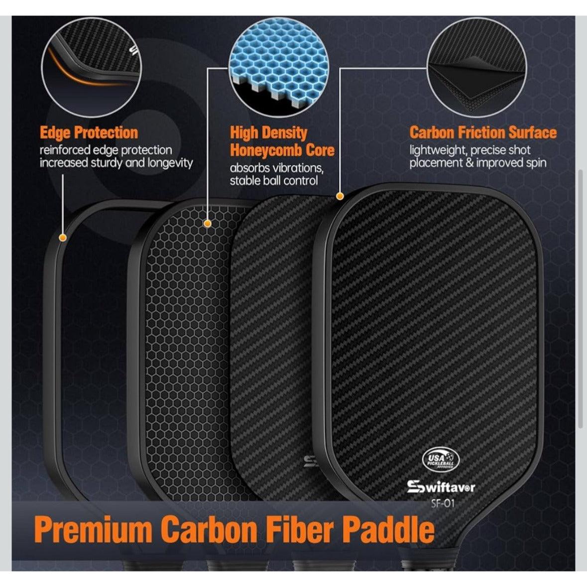 Carbon Fiber Pickleball Paddle, Carbon Fiber Surface (CFS) Pickle Ball Paddles with 16mm Honeycomb Core, Lightweight, Shock-Absorbing Paddle with Anti-Slip Grip, Ideal for Novice & Pro Players
