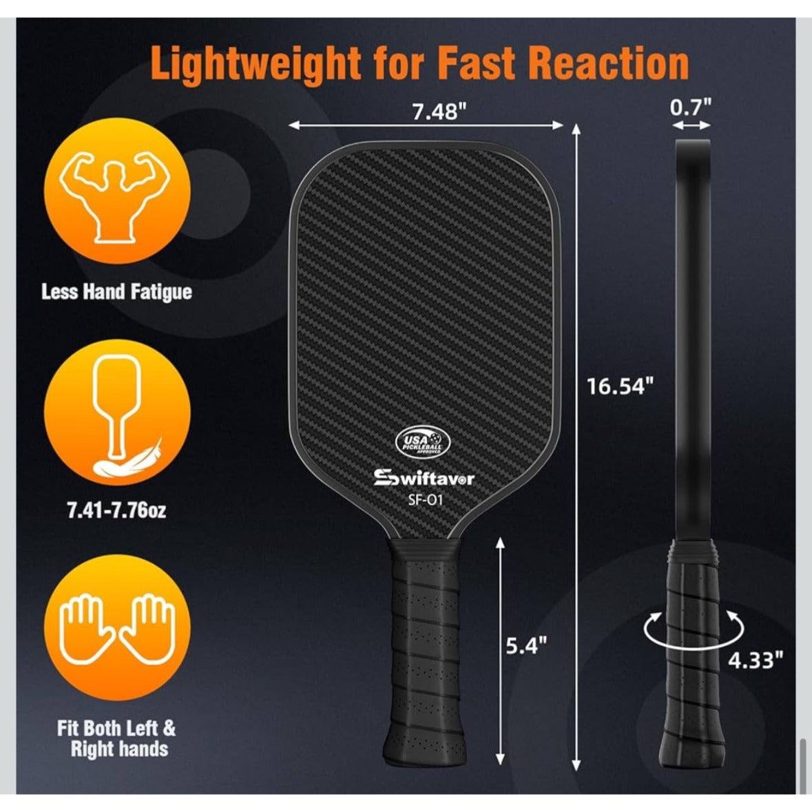 Carbon Fiber Pickleball Paddle, Carbon Fiber Surface (CFS) Pickle Ball Paddles with 16mm Honeycomb Core, Lightweight, Shock-Absorbing Paddle with Anti-Slip Grip, Ideal for Novice & Pro Players