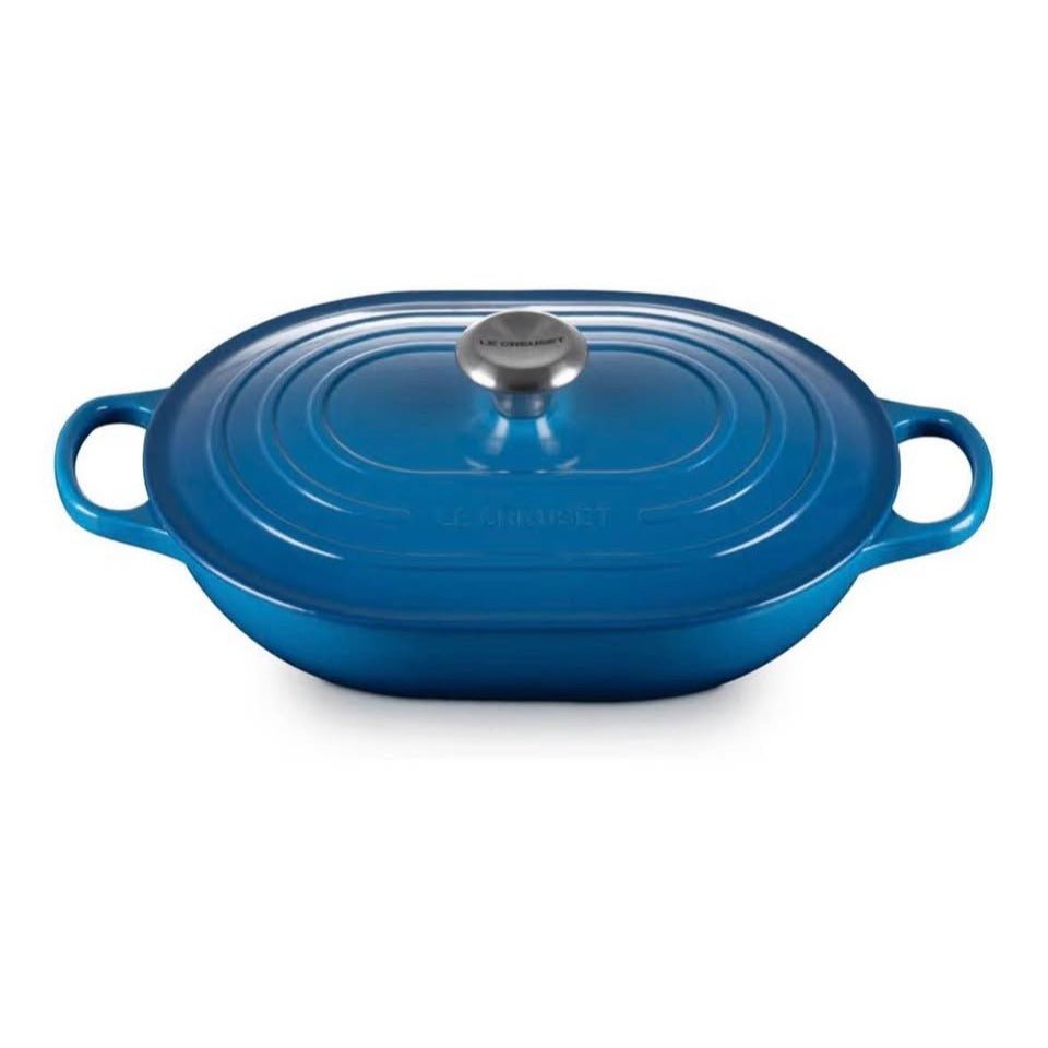 Le Creuset enameled cast iron oval casserole pot with lid, 3.75 quart, Marseille color, slightly scraped lid, heat-retentive lightweight cookware