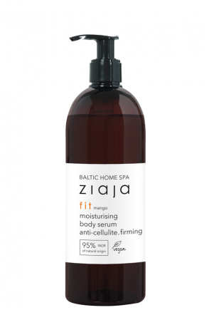 Baltic Home Spa Ziaja fit moisturizing body serum in dark pump bottle with mango scent and firming properties