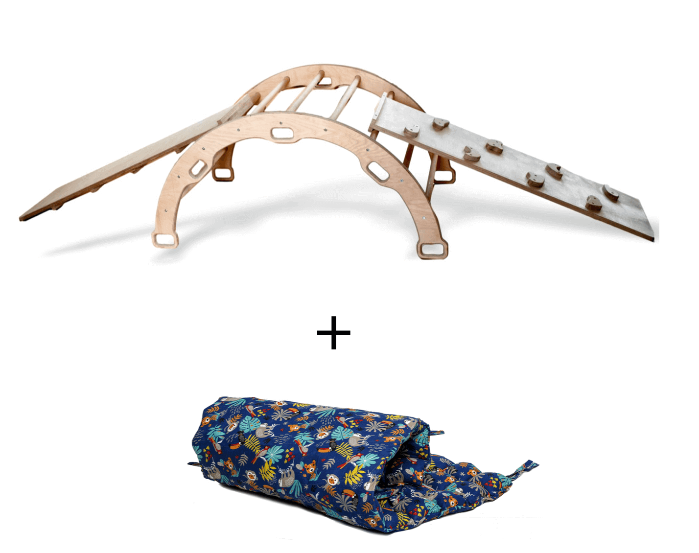 Montessori climbing arch rocker with two wooden ramps and a colorful padded pillow for toddler play and motor skill development