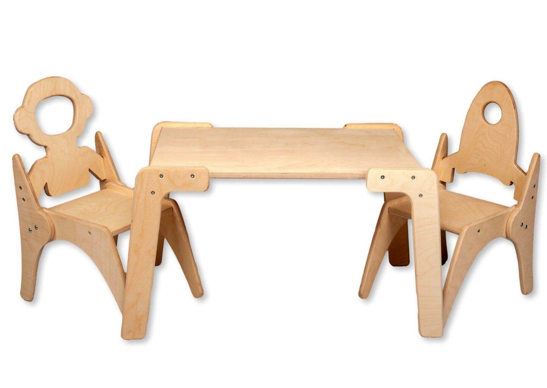 Montessori wooden table and chair set for children with themed backrests promoting independent learning