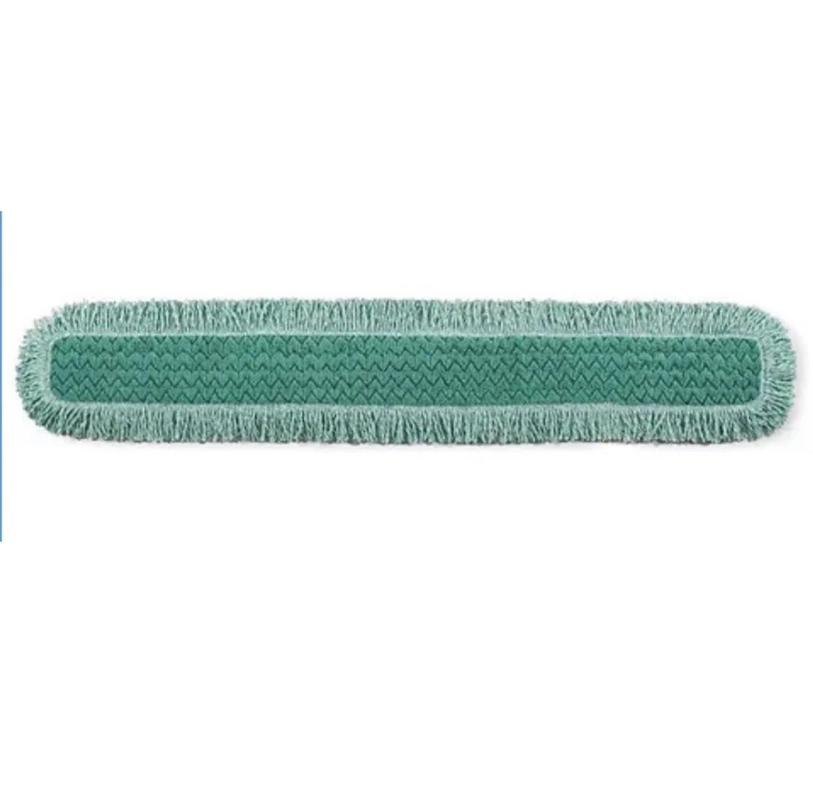 Rubbermaid Commercial Q449 HYGEN 48" microfiber dust mop pad with green fringe and hook & loop attachment.