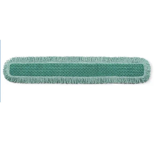 Rubbermaid Commercial Q449 HYGEN 48" microfiber dust mop pad with green fringe and hook & loop attachment.