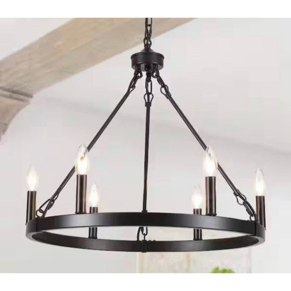 6-Light black rustic wagon wheel chandelier with adjustable chain for kitchen island lighting