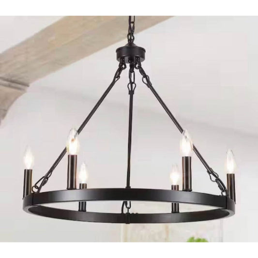 6-Light black rustic wagon wheel chandelier with adjustable chain for kitchen island lighting