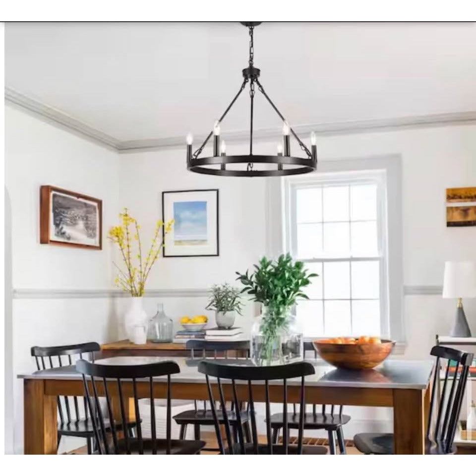LWYIJO 6-Light Black Rustic Wagon Wheel Chandelier for Kitchen Island with no Bulbs Included