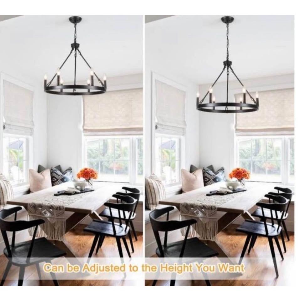 LWYIJO 6-Light Black Rustic Wagon Wheel Chandelier for Kitchen Island with no Bulbs Included