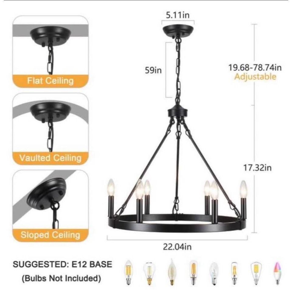 LWYIJO 6-Light Black Rustic Wagon Wheel Chandelier for Kitchen Island with no Bulbs Included