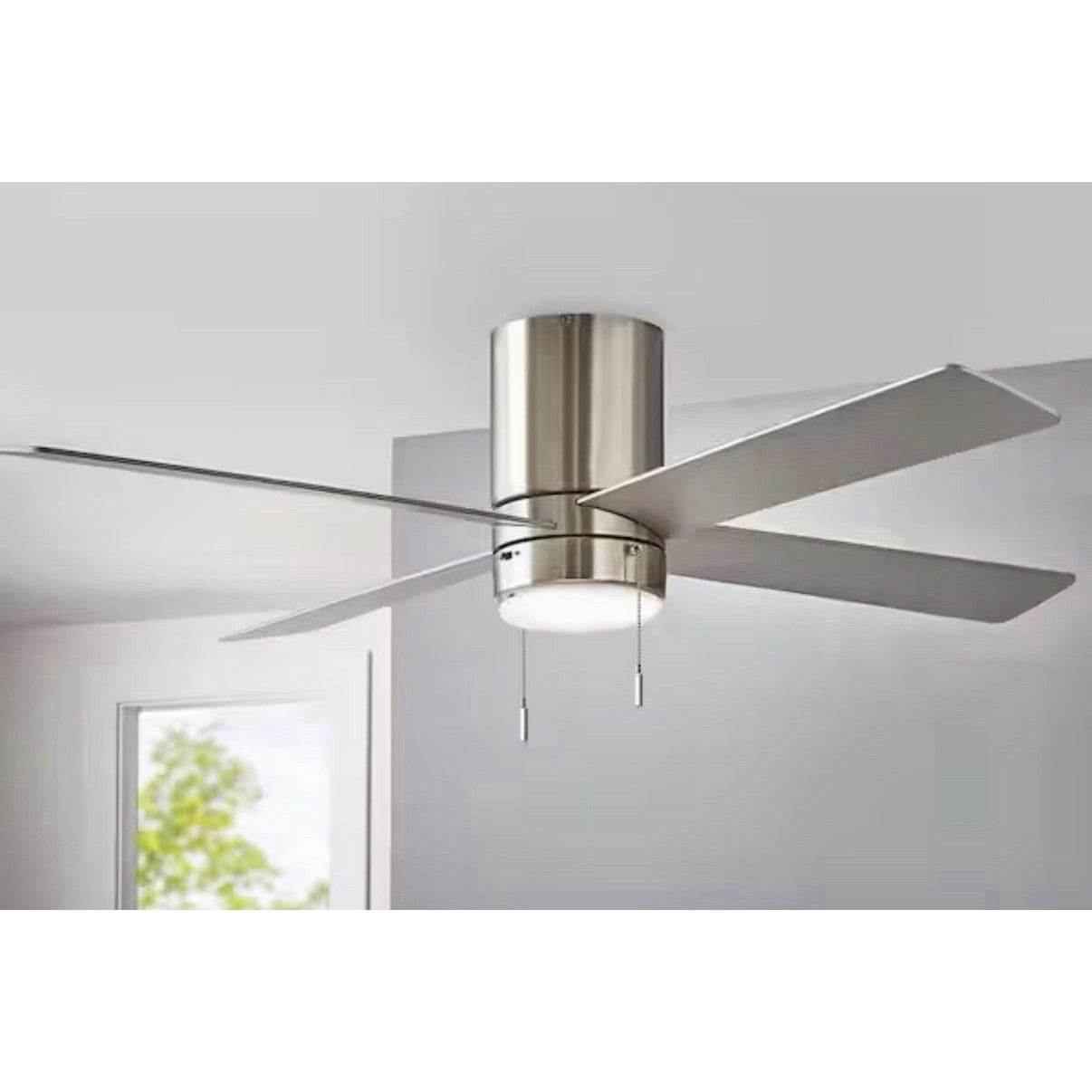 Hampton Bay Scenic 52 in brushed nickel indoor LED hugger ceiling fan with reversible blades and frosted glass shade