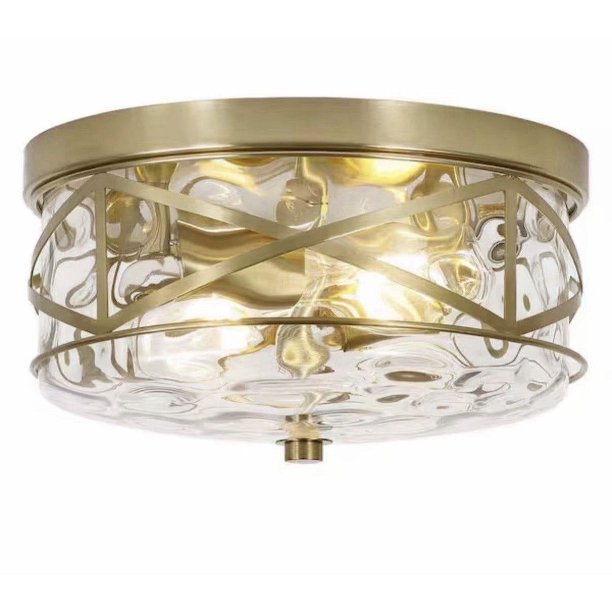 LamQee 12 in. 2-light brass gold flush mount ceiling light with water ripple glass shade
