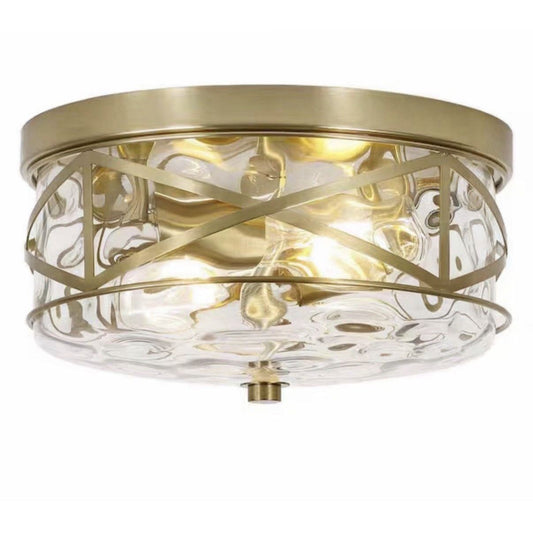 LamQee 12 in. 2-light brass gold flush mount ceiling light with water ripple glass shade