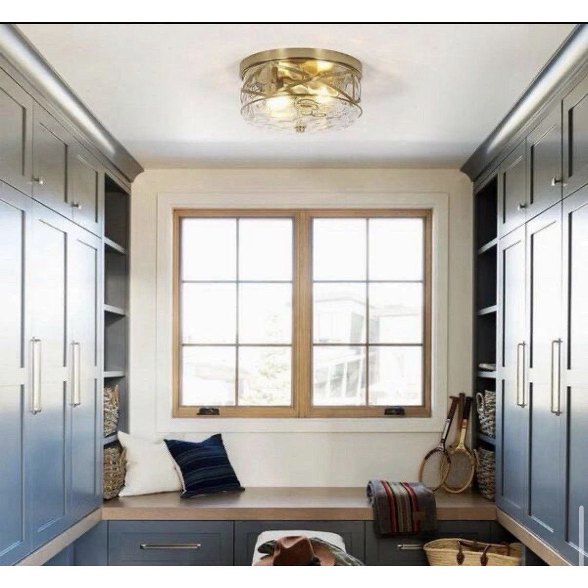 LamQee 12 in. 2-Light Brass Gold Flush Mount Water Ripple Glass Ceiling Light