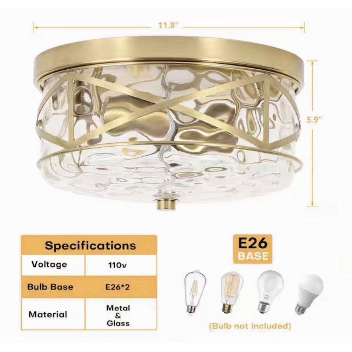 LamQee 12 in. 2-Light Brass Gold Flush Mount Water Ripple Glass Ceiling Light