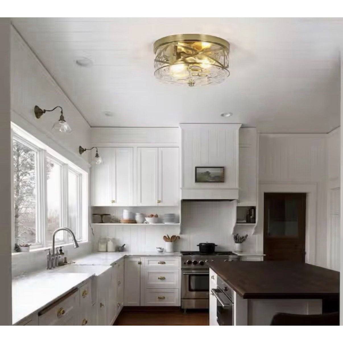 LamQee 12 in. 2-Light Brass Gold Flush Mount Water Ripple Glass Ceiling Light