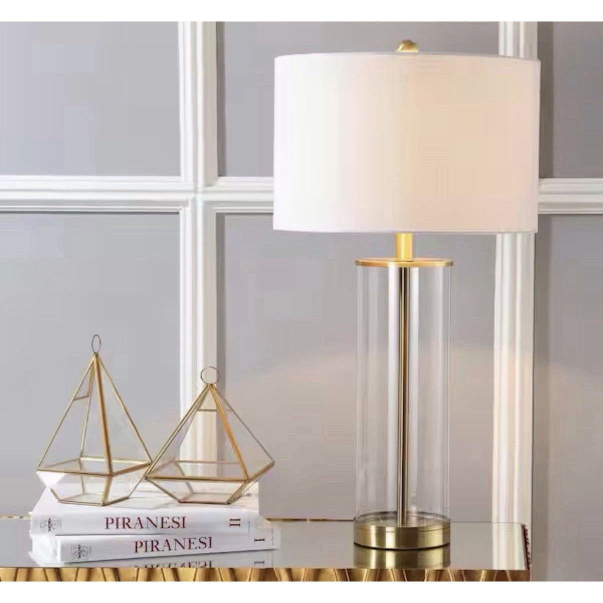 Jonathan Y Modern Collins LED Table Lamp clear glass brass accents white shade eco-friendly lighting