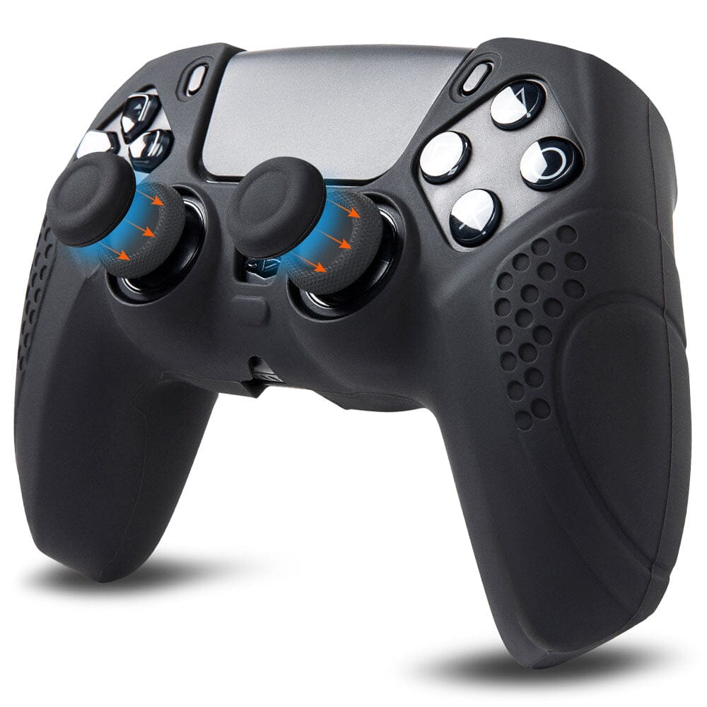 PlayStation 5 controller with WC GripZ black silicone skin and thumbstick covers for enhanced grip and protection.