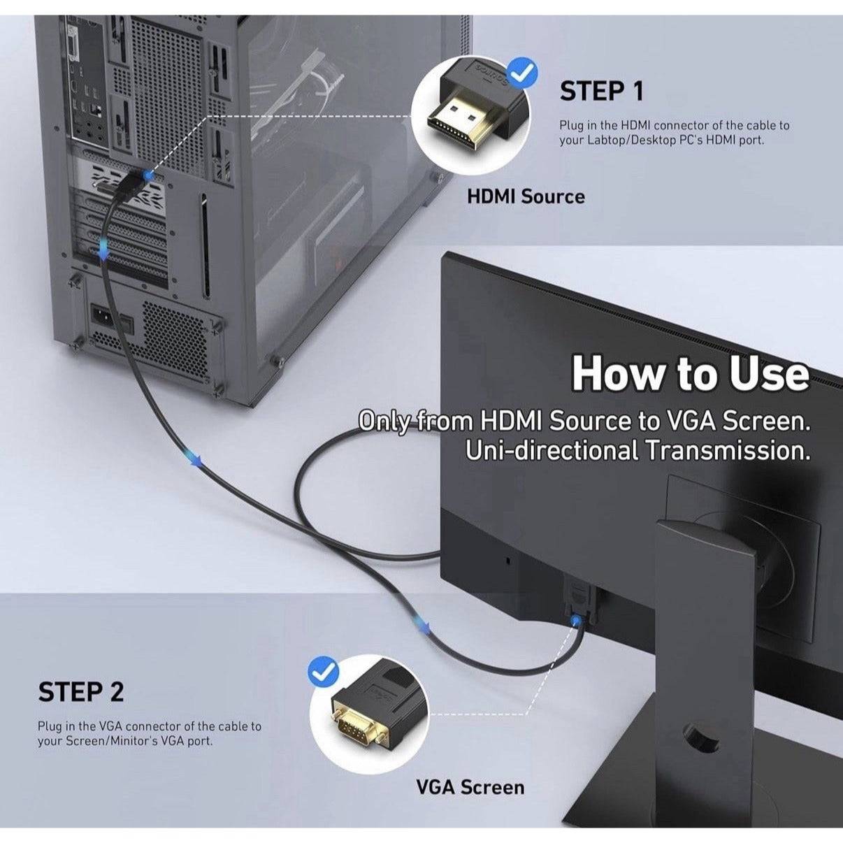 1080P HDMI to VGA Cable, 6ft Black, Perfect for Presentations and Displays