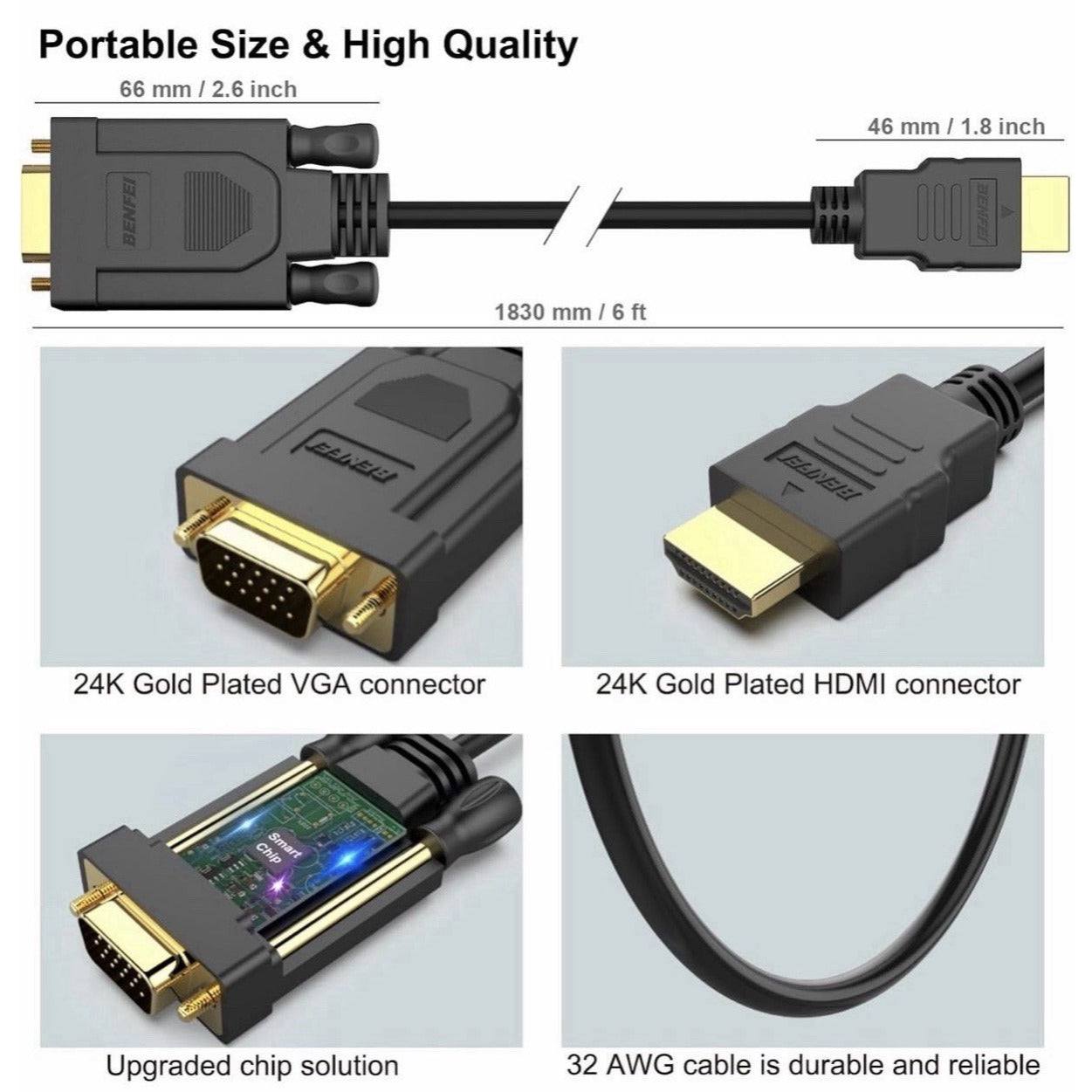1080P HDMI to VGA Cable, 6ft Black, Perfect for Presentations and Displays