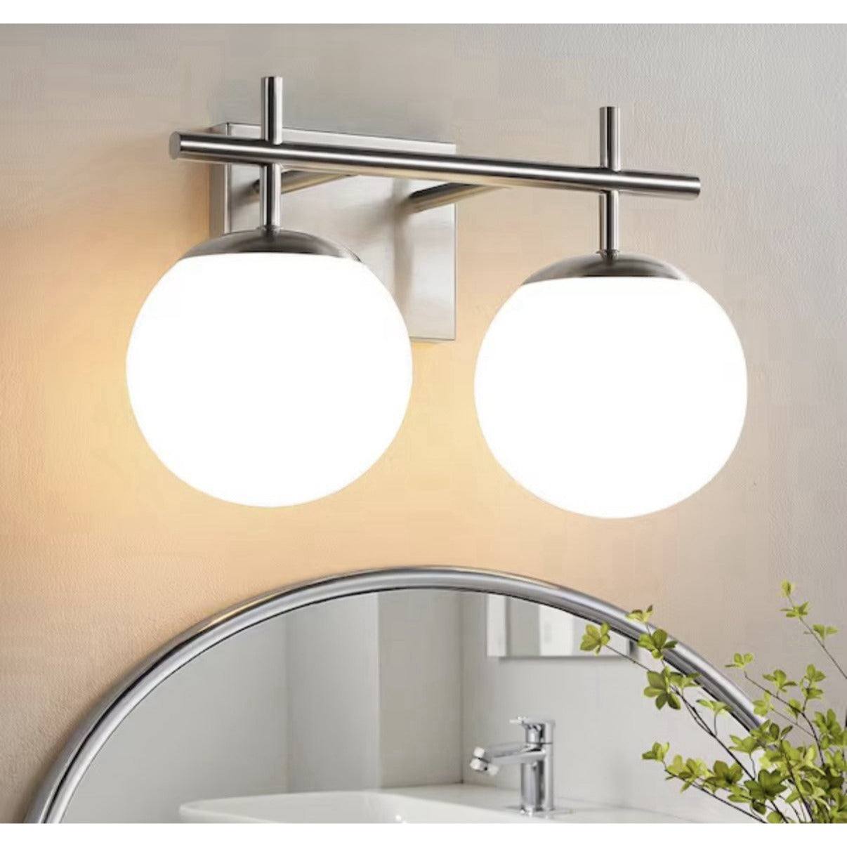 2-light brushed nickel vanity light with frosted glass shades for bathroom mirror lighting