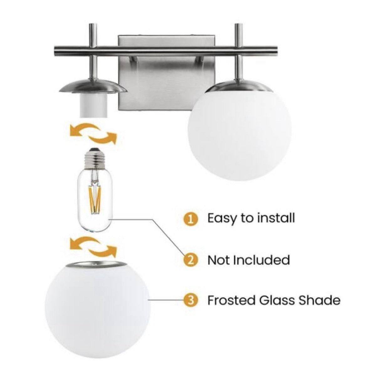 Brushed Nickel Vanity Light for Bathroom, 2-Lights Modern Vanity Lighting wit...