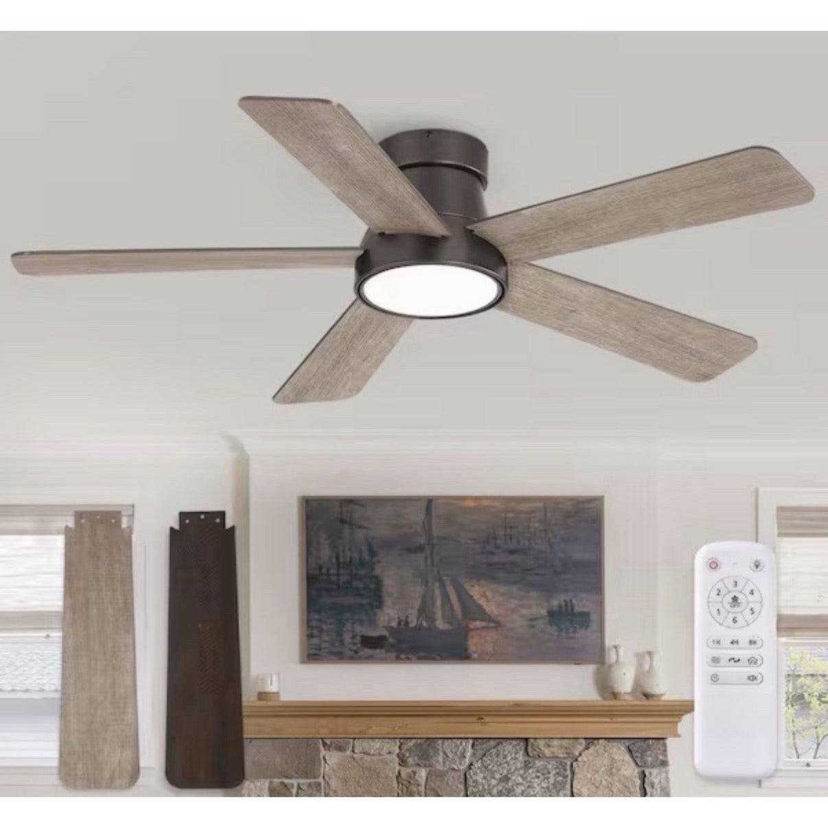 42 in. indoor walnut modern flush mount ceiling fan with remote and LED light