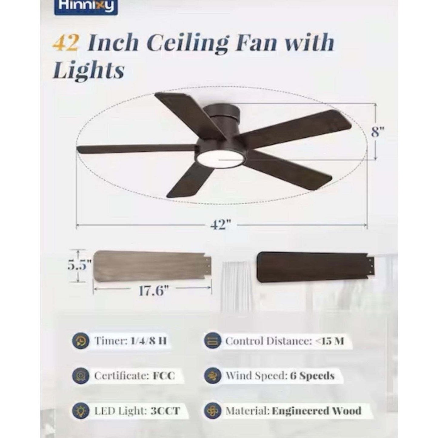 HINNIXY 42 in. Indoor Walnut Modern Flush Mount Low Profile Standard Ceiling Fan