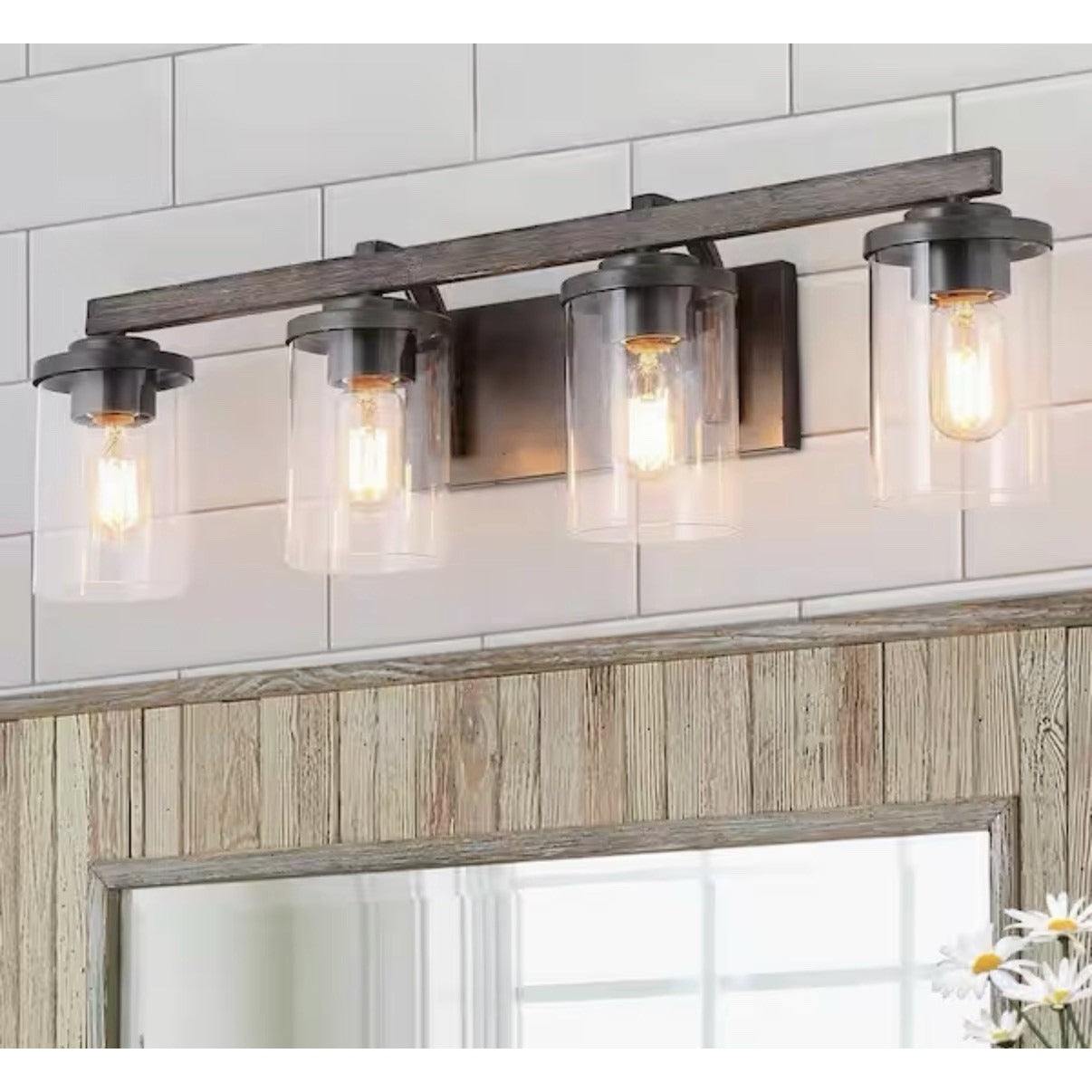 LNC Birdwood 28 in. 4-light rust gray industrial bathroom vanity light with clear glass shades and weathered wood-tone finish