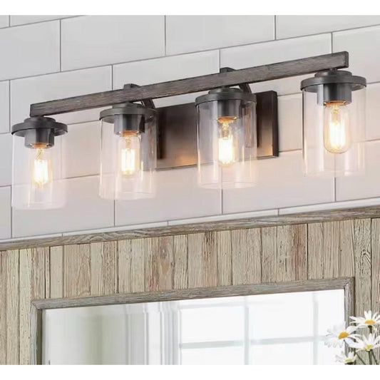 LNC Birdwood 28 in. 4-light rust gray industrial bathroom vanity light with clear glass shades and weathered wood-tone finish