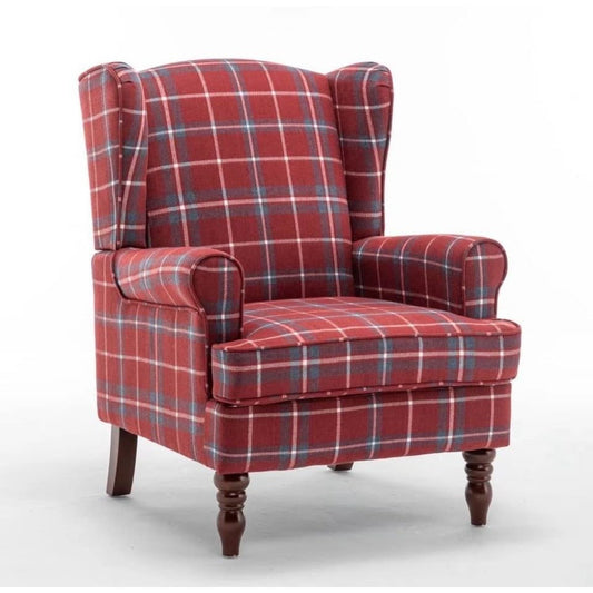 August Grove Bouchicas checkered upholstered accent chair with rolled arms and solid wood legs