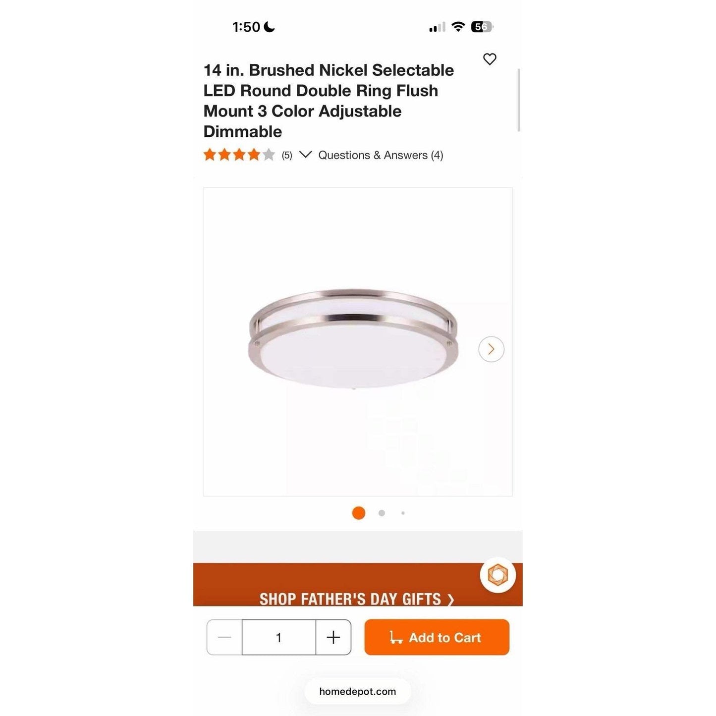 14 in. Brushed Nickel Selectable LED Round Double Ring Flush Mount 3 Color