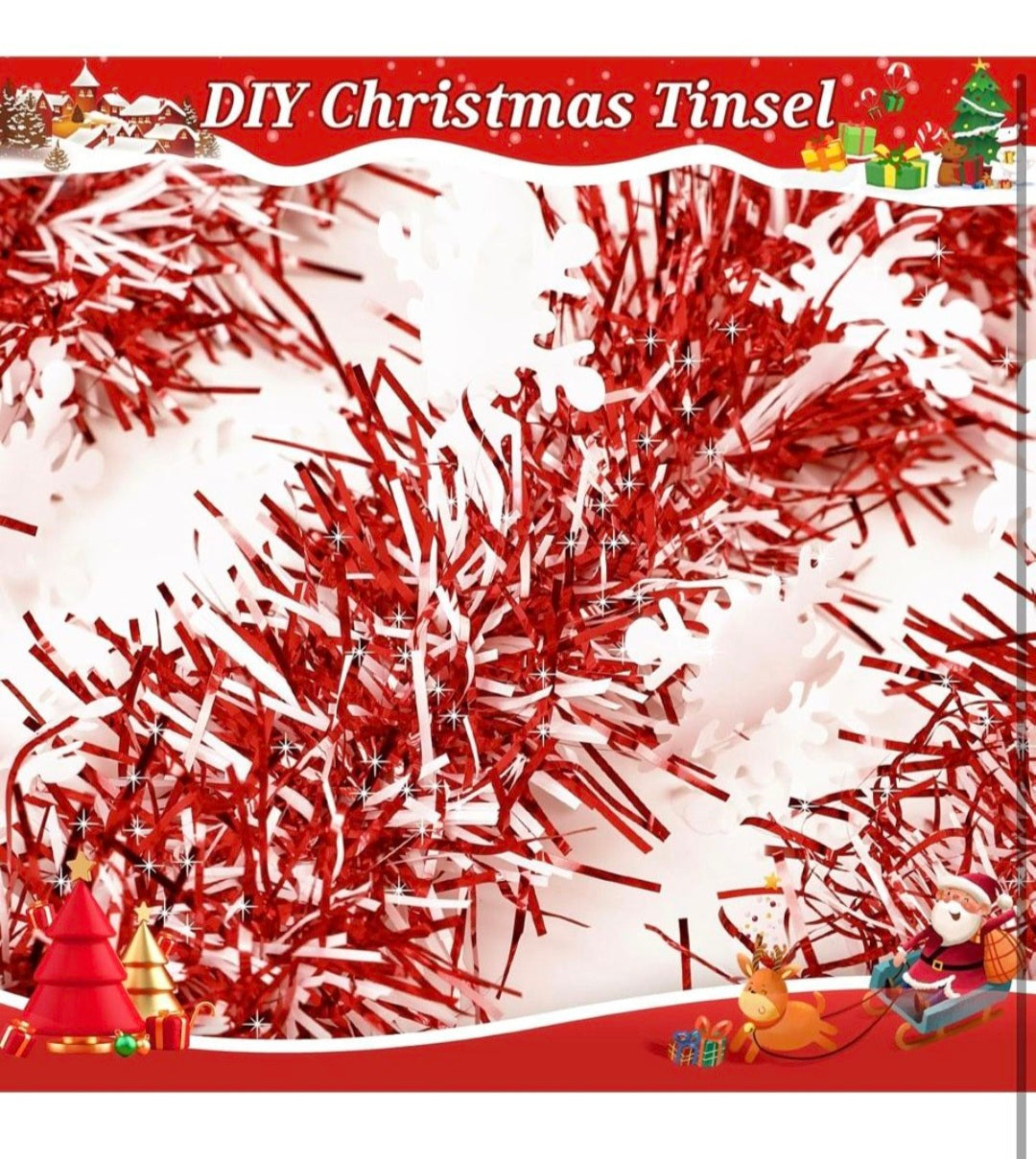 wowscan 50F Red and Snowflake Tinsel Garland )Metallic Twist Shiny Valentine Garland for Xmas Tree Ceiling Hanging Decorations Holiday Wedding Home Party Supplies Indoor Outdoor Decor