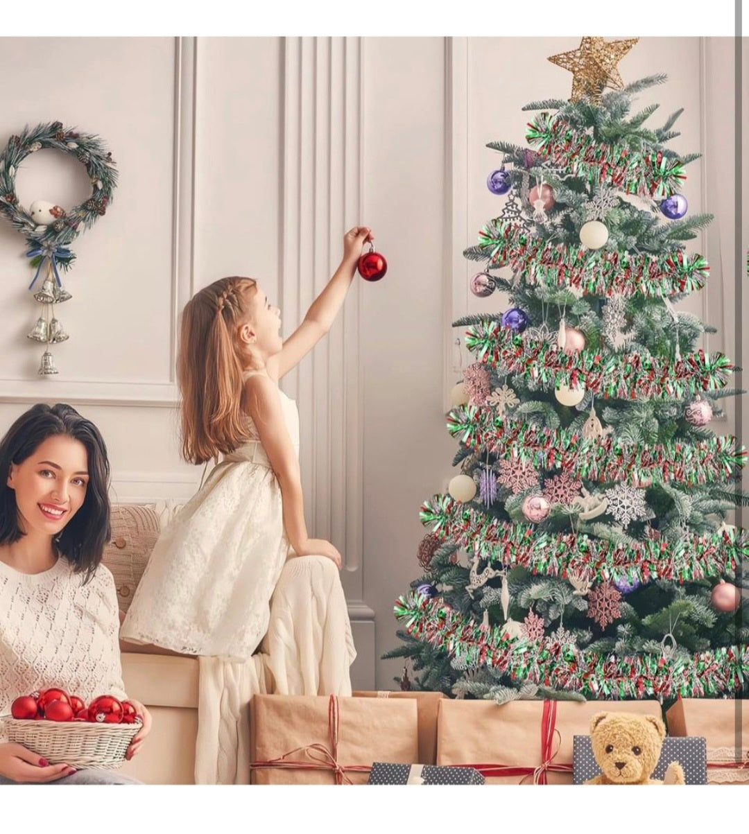 Adisher 50Ft Christmas Tinsel Twist Garland, Metallic Twist Garland Tree Decorations for Christmas Tree New Year Party Birthday Holiday Supplies Indoor and Outdoor Decoration (Red Green Silver)