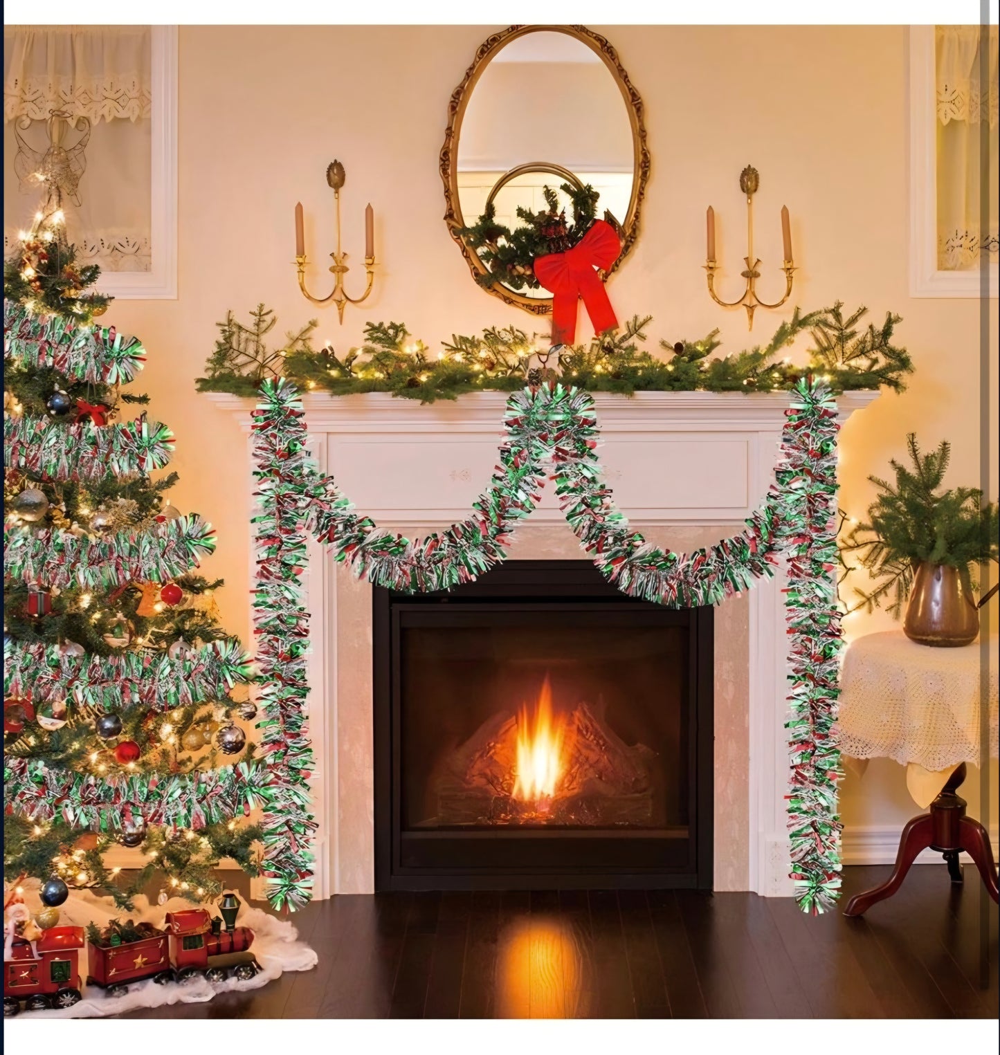 Adisher 50Ft Christmas Tinsel Twist Garland, Metallic Twist Garland Tree Decorations for Christmas Tree New Year Party Birthday Holiday Supplies Indoor and Outdoor Decoration (Red Green Silver)