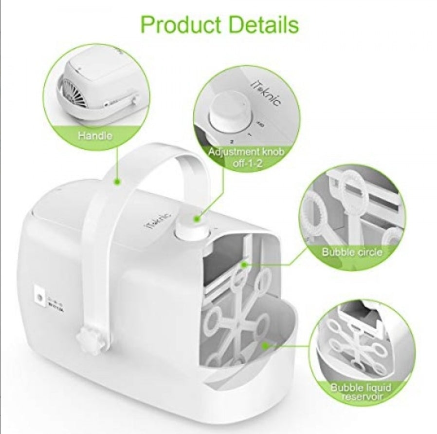 Open Box iTeknic Bubble Machine, Automatic Bubble Blower, Portable Auto Bubble Maker with High Output for Outdoor/Indoor Use,Powered by Plug-in or Bat