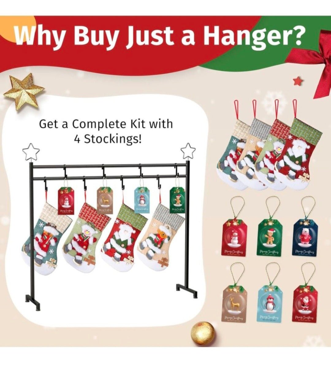 Asxevn Christmas Stocking Holder Stand with 4 Stockings, Metal freestanding Christmas Stocking Hanger with 8 Hooks, Christmas Decorative Gift, Black