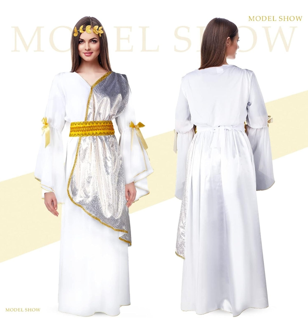 Open Box Geyoga 2 Pcs Greek Goddess Costume Toga Costume Women Halloween Greek Dress with Roman Crown Leaf Wreath